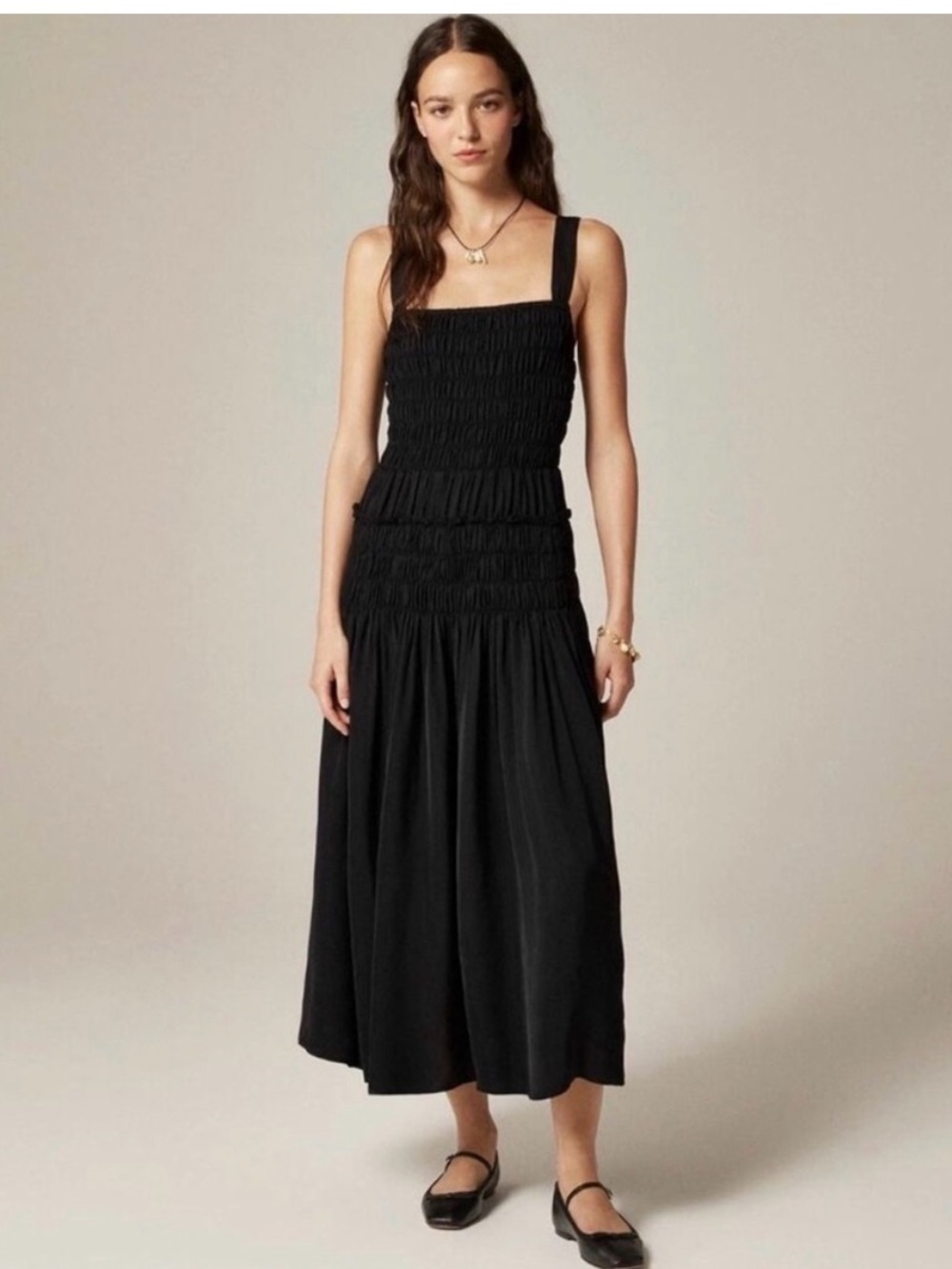 J. Crew Black Smocked Midi Dress with Adjustable Straps